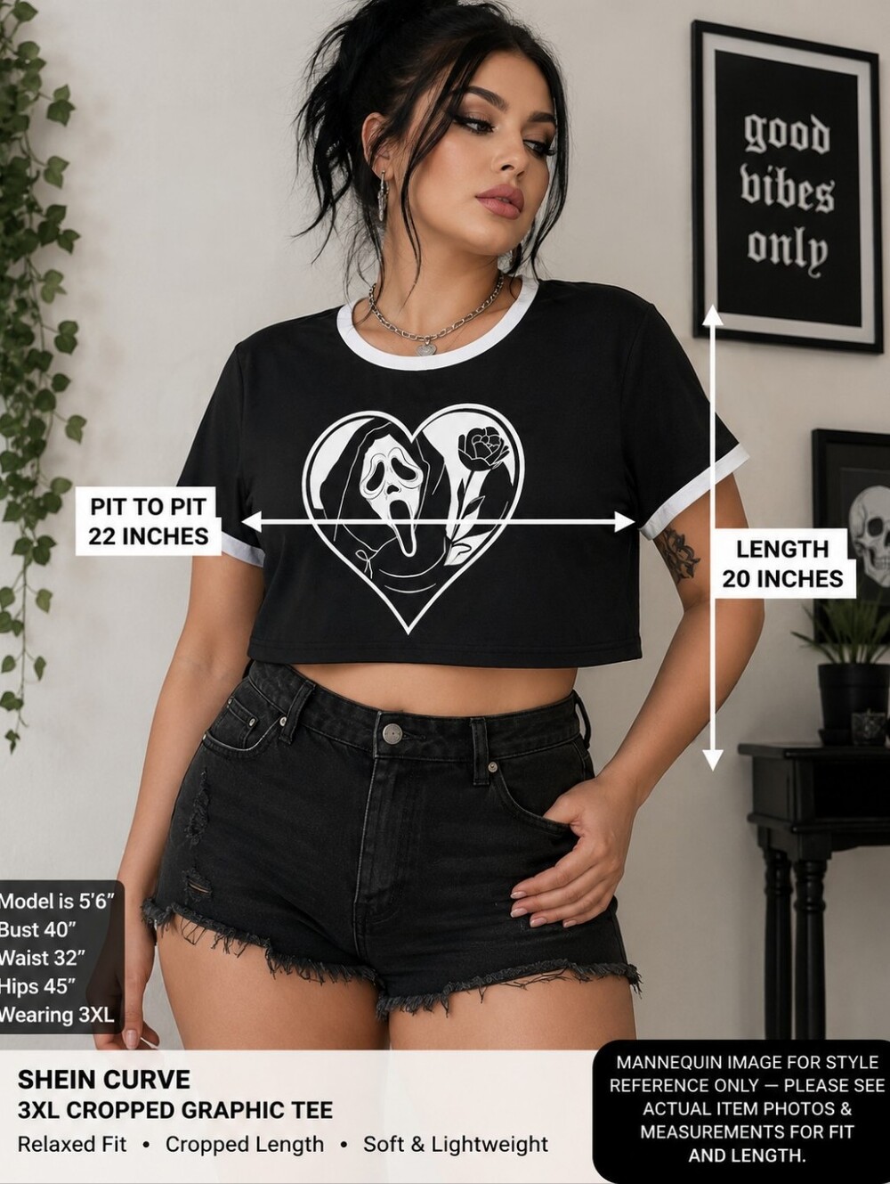 Curve 3XL Ghostface Heart Rose Cropped Ringer Graphic Tee Goth Horror